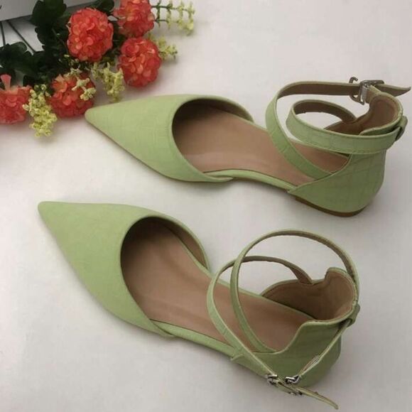 NIB Mint green croc print faux leather ankle straps flat shoes pointed toe EUR42 - Picture 9 of 11